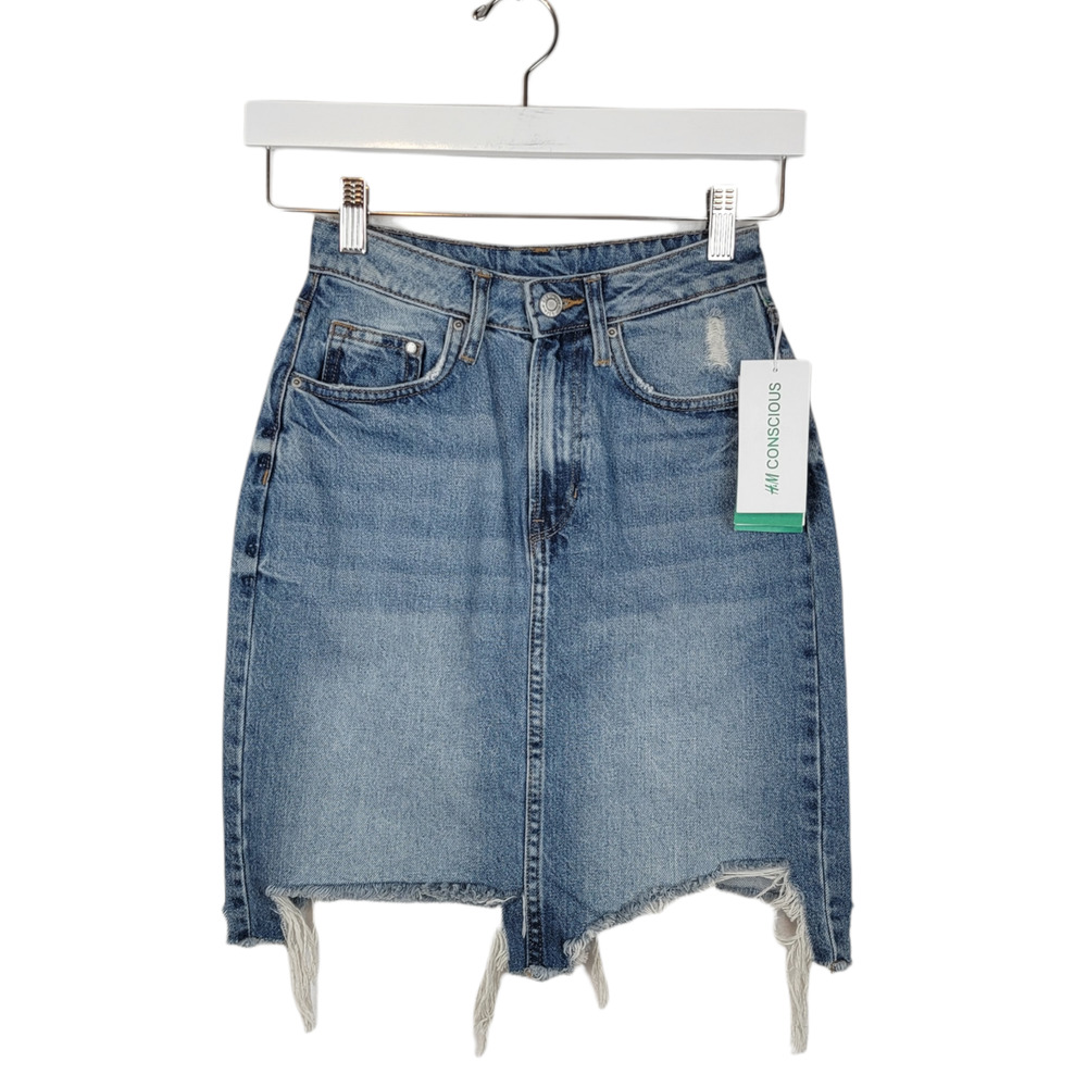NWT H&M Conscious "& Denim" Raw Hem High Waist Denim Skirt Sz 2 Smoke & pet-free